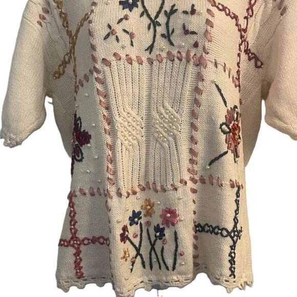 Shenanigans Cream Floral Design and Pearls Crew Neck Knit Sweater, Small - Picture 4 of 8